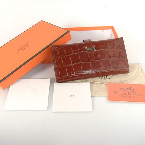 High Quality Hermes Bearn Japonaise Croco Leather Tri-Fold Wallet H308 Coffee Fake - Click Image to Close